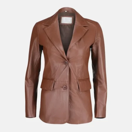 Amelia Women’s Brown Two Button Leather Blazer Jacket with Notch Collar
