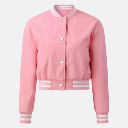 Amelia Women’s Pink Leather Varsity Jacket with Contrast Panels