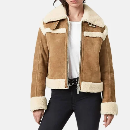 Aria Women’s Brown Shearling Suede Aviator Jacket with Faux Fur