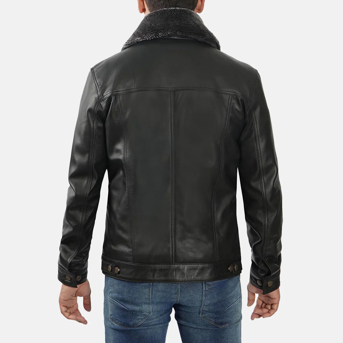 Blake Men’s Black Trucker Leather Jacket with Faux Fur Collar - Image 2