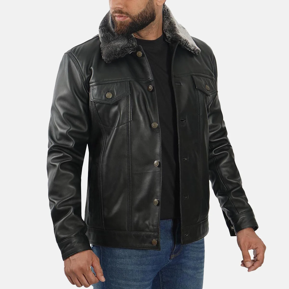 Blake Men’s Black Trucker Leather Jacket with Faux Fur Collar - Image 3