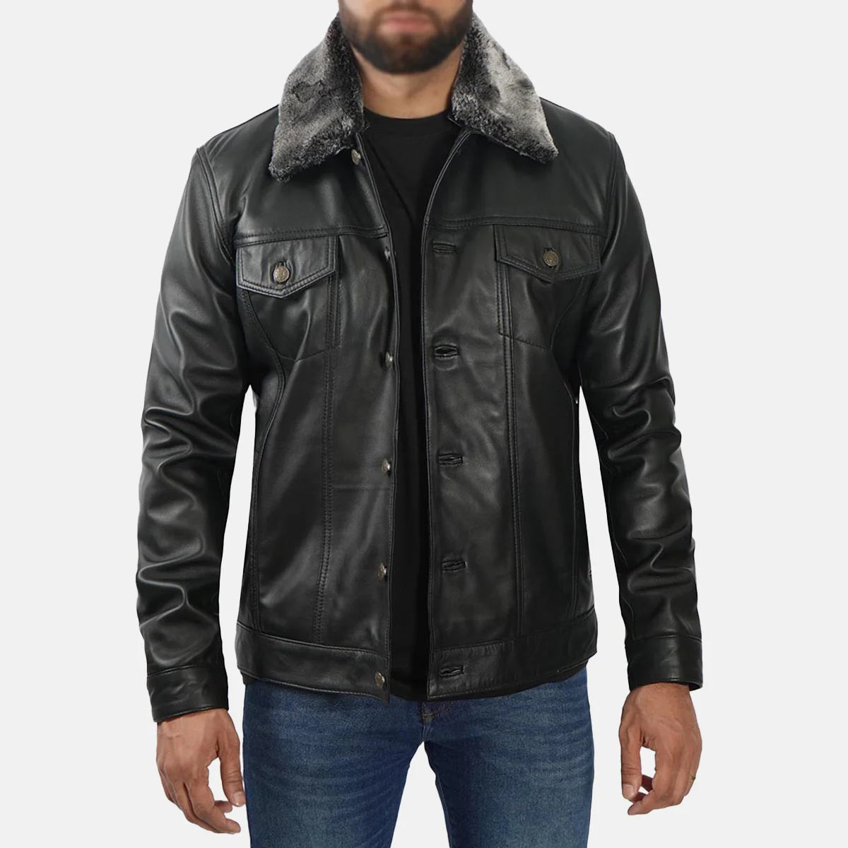 Blake Men’s Black Trucker Leather Jacket with Faux Fur Collar