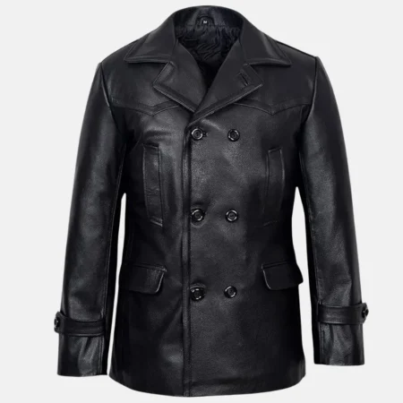Brandon Men’s Black Double-Breasted Leather Peacoat for Winter