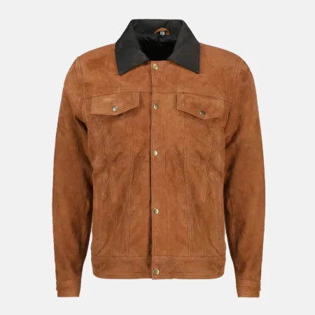 Brayden Men’s Cognac Suede Leather Trucker Jacket with Button Closure