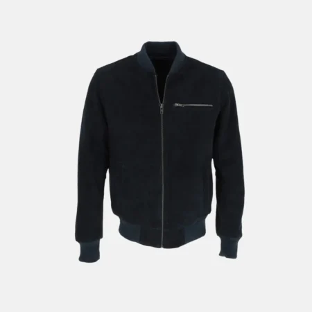 Cameron Men’s Navy Blue Bomber Suede Leather Jacket with Adjustable Cuffs