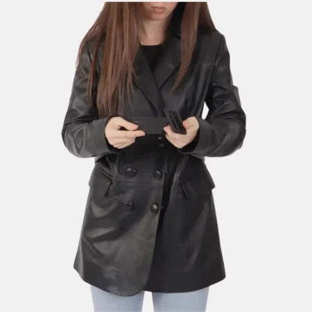 Caroline Women’s Black Leather Trench Coat with Slim Fit Cut