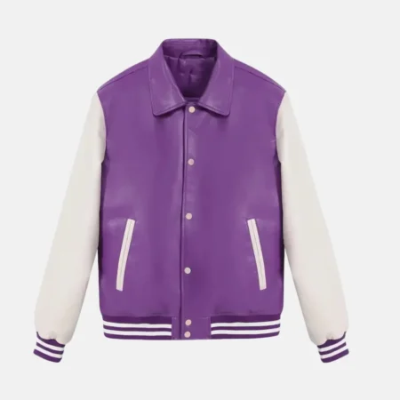 Zoe Women’s Purple and White Leather Varsity Jacket with Pockets