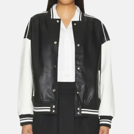 Charlotte Women’s Black and White Leather Varsity Jacket with Logo