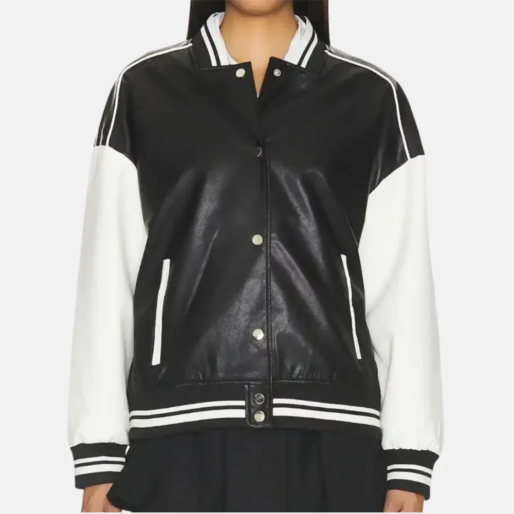 Charlotte Women’s Black and White Leather Varsity Jacket with Logo - Image 2