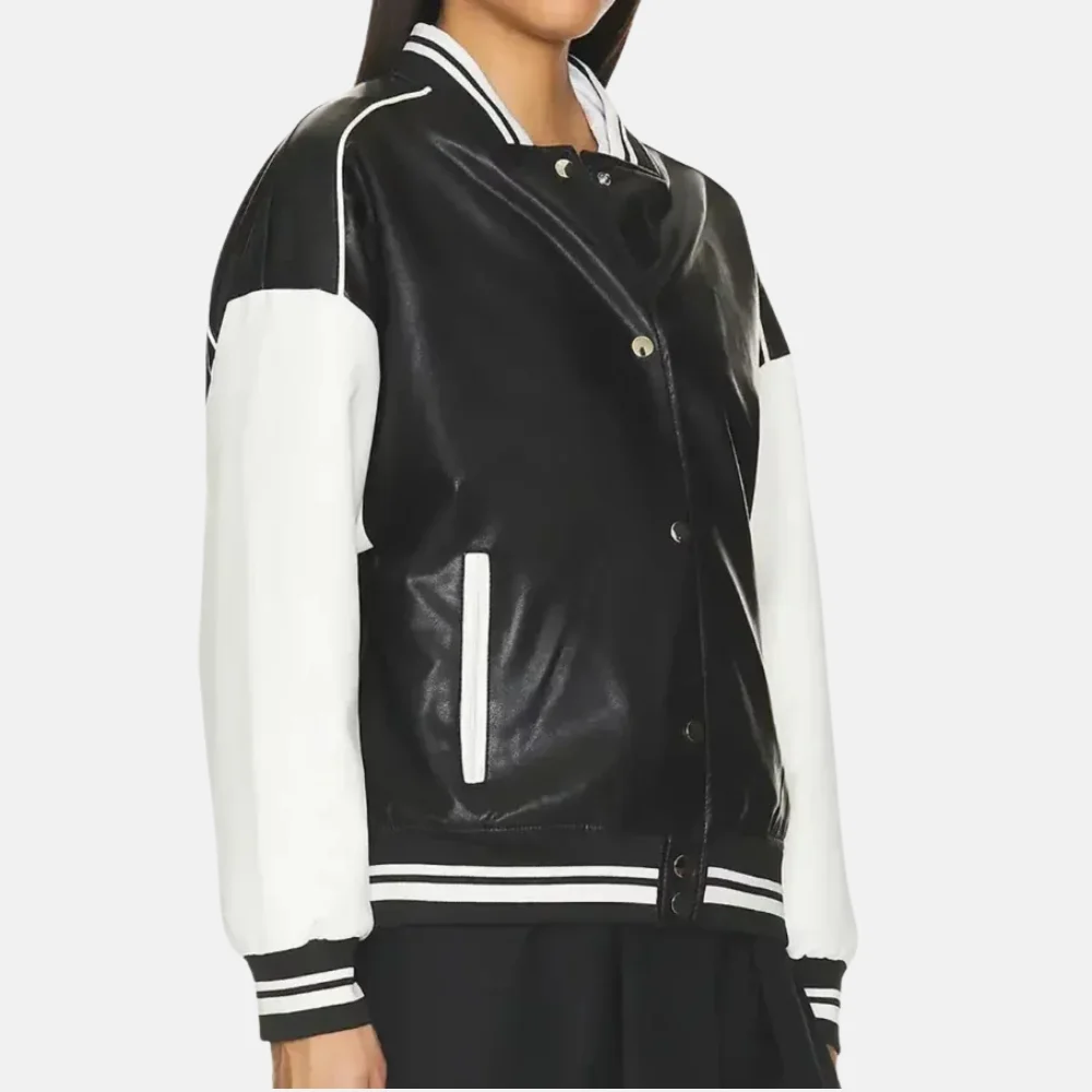 Charlotte Women’s Black and White Leather Varsity Jacket with Logo - Image 3