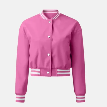 Chloe Women’s Pink Leather Varsity Jacket with Ribbed Sleeves