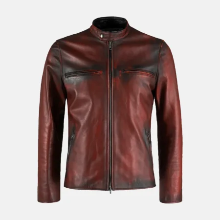 Colton Men’s Distressed Maroon Moto Cafe Racer Leather Biker Jacket