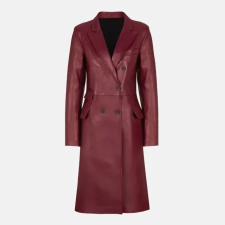 Zendaya Burgundy Double-Breasted Leather Trench Coat