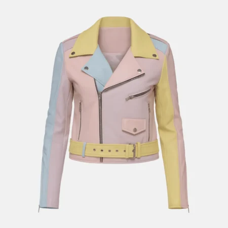 Penny Women's Rainbow Pastel Cropped Biker Leather Jacket