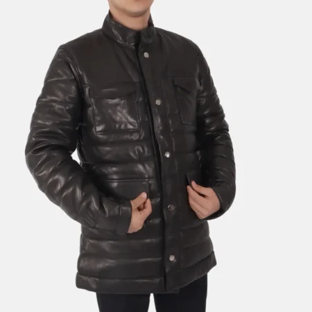 Eli Men’s Black Leather Puffer Jacket with Adjustable Waist