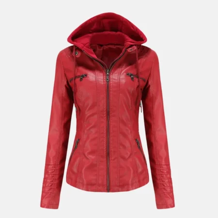 Emma Women’s Red Hooded Leather Jacket for Casual Fashion