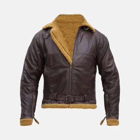 Ethan Men’s Brown B-3 Shearling Leather Aviator Jacket with Faux Fur Collar