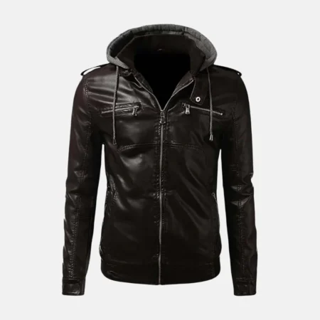 Gavin Men’s Brown Biker Hooded Leather Jacket with Adjustable Hood