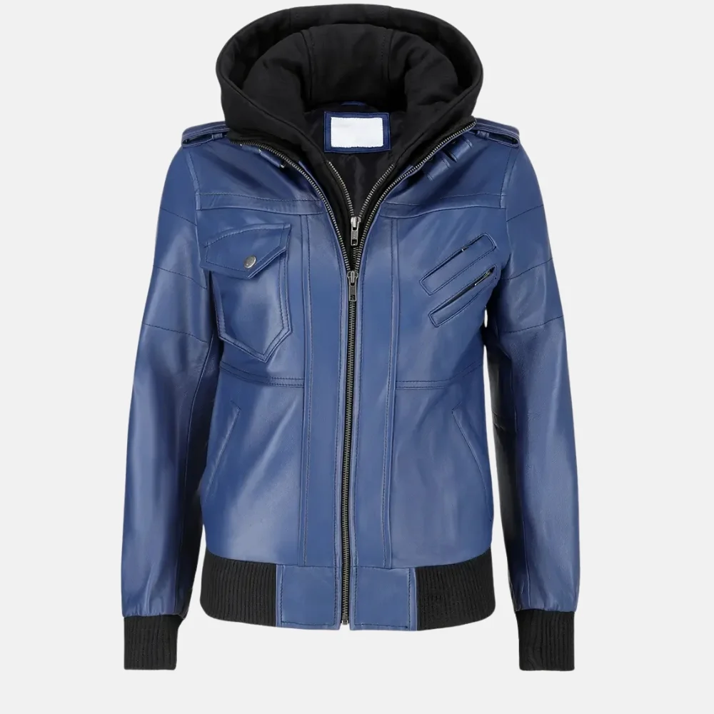 Isabella Women’s Blue Leather Bomber Jacket with Removable Hoodie