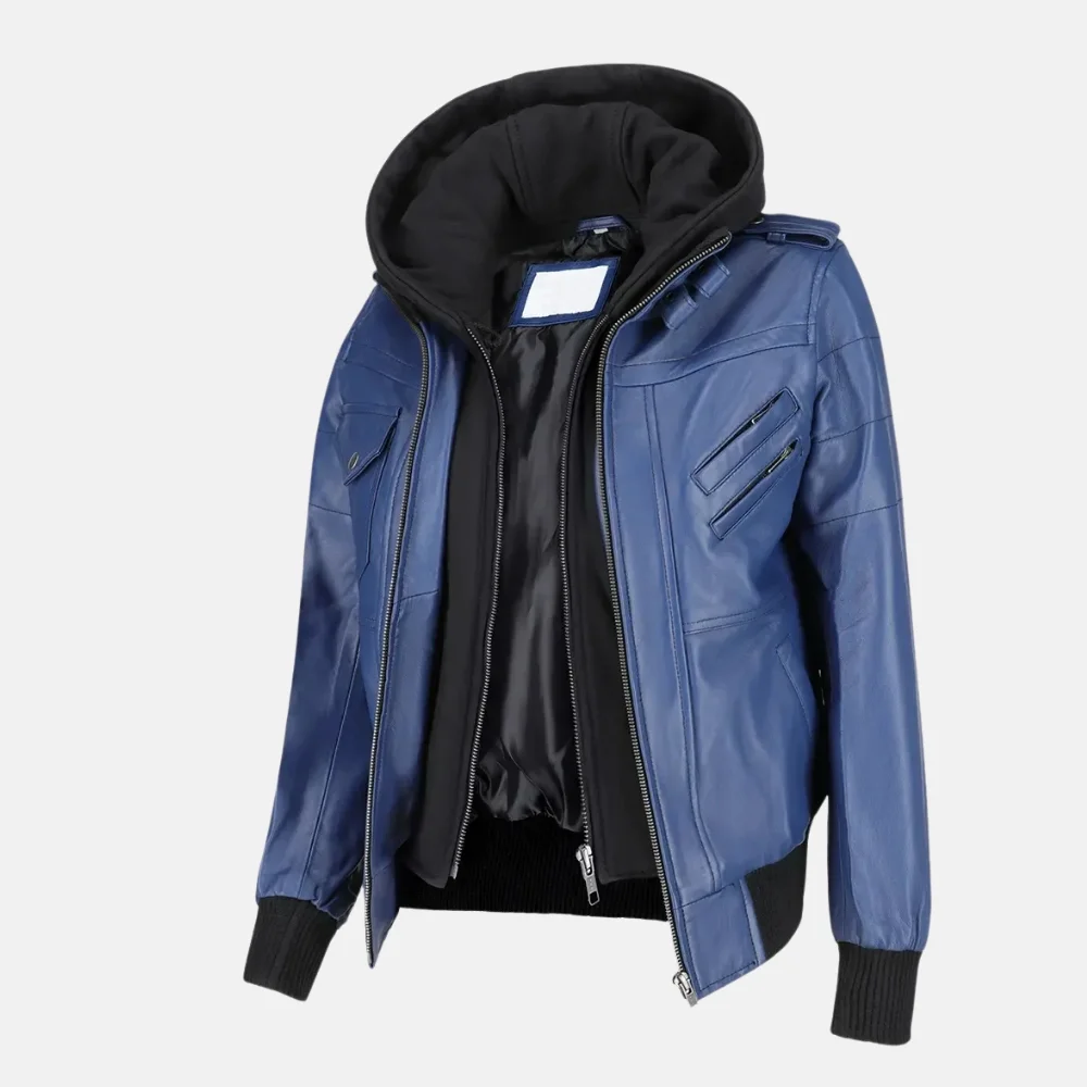 Isabella Women’s Blue Leather Bomber Jacket with Removable Hoodie - Image 3