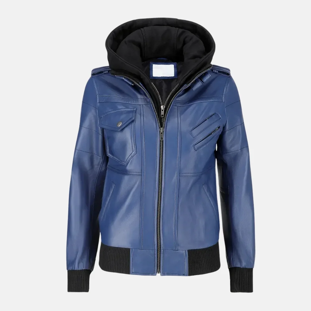 Isabella Women’s Blue Leather Bomber Jacket with Removable Hoodie - Image 4