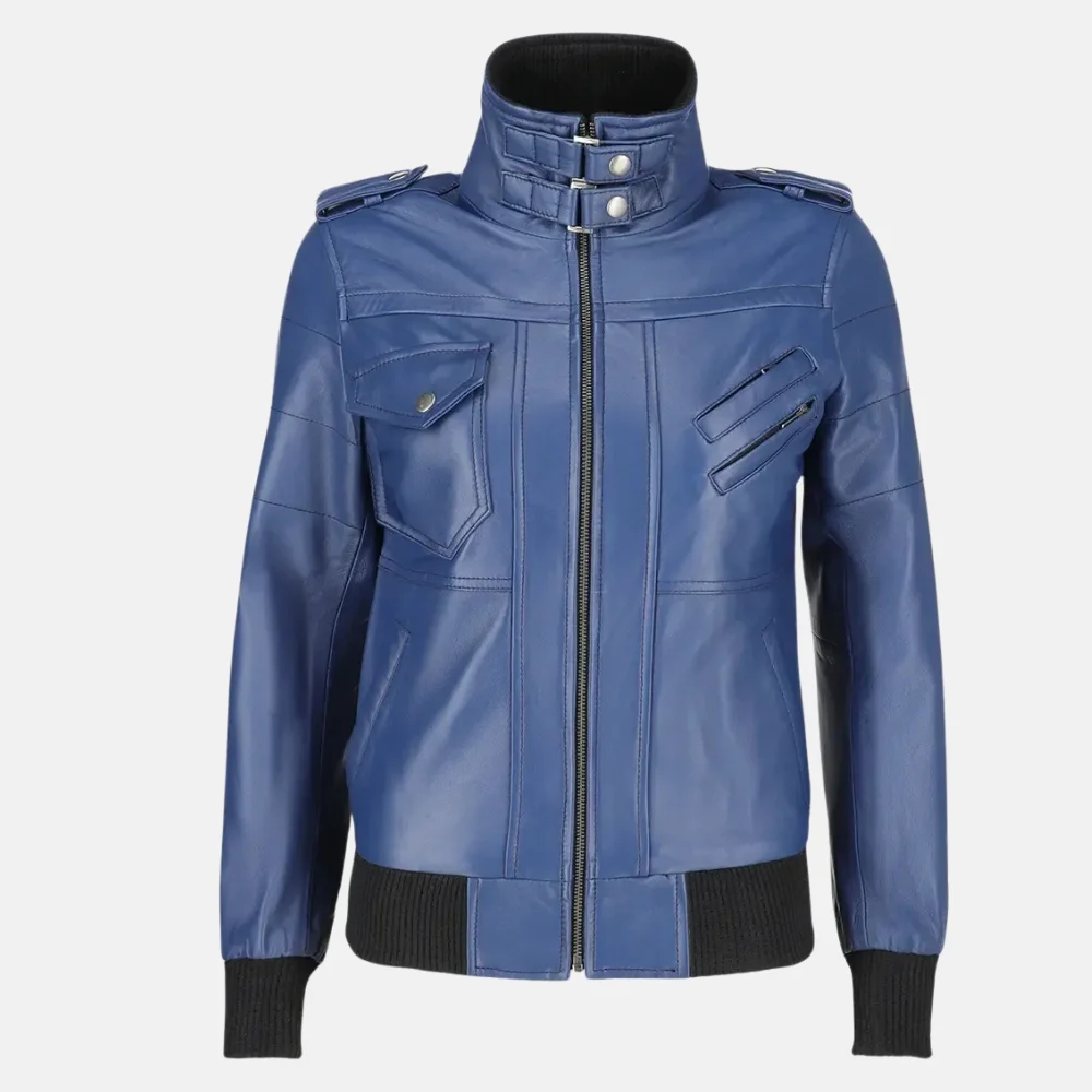 Isabella Women’s Blue Leather Bomber Jacket with Removable Hoodie - Image 6