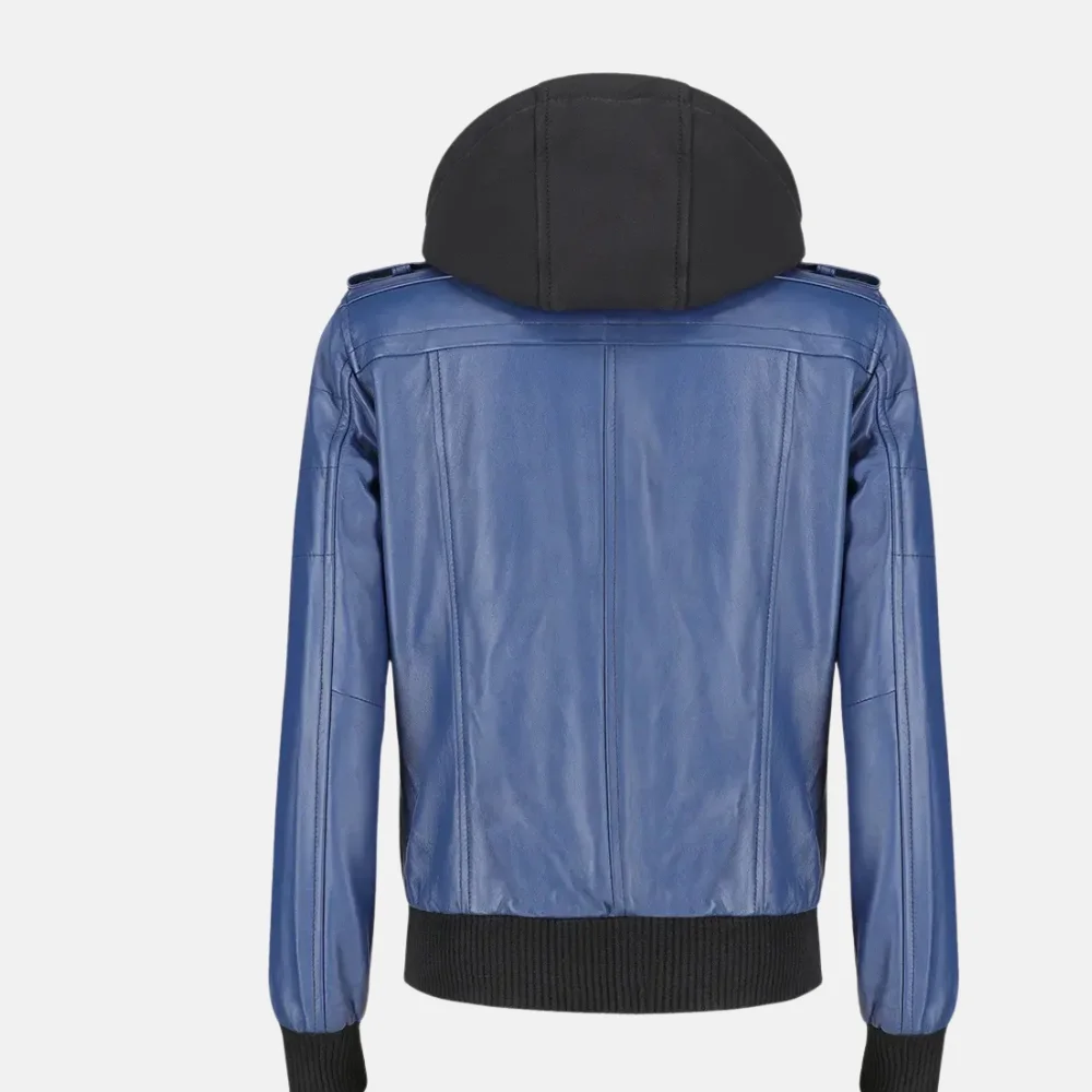 Isabella Women’s Blue Leather Bomber Jacket with Removable Hoodie - Image 7