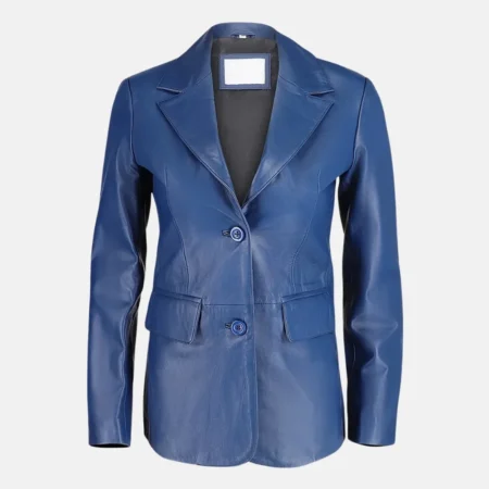 Isabelle Women’s Blue Two Button Leather Blazer Jacket with Pockets