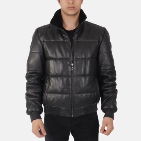 Jacob Men’s Black Leather Puffer Jacket for Cold Weather