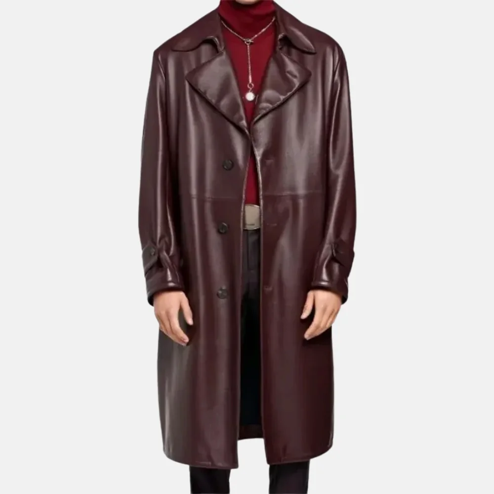 Jude Men’s Burgundy Leather Trench Coat for Fashionable Look - Image 2