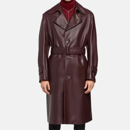 Jude Men’s Burgundy Leather Trench Coat for Fashionable Look