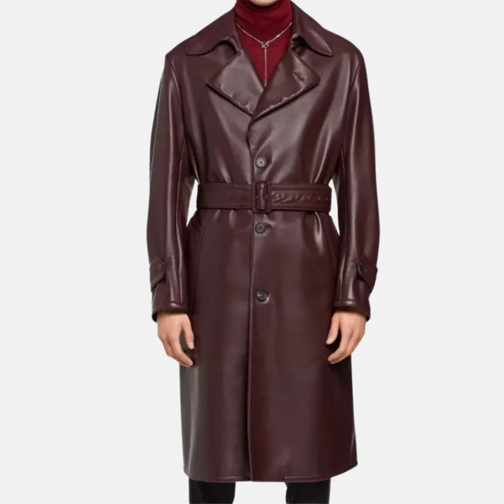 Jude Men’s Burgundy Leather Trench Coat for Fashionable Look