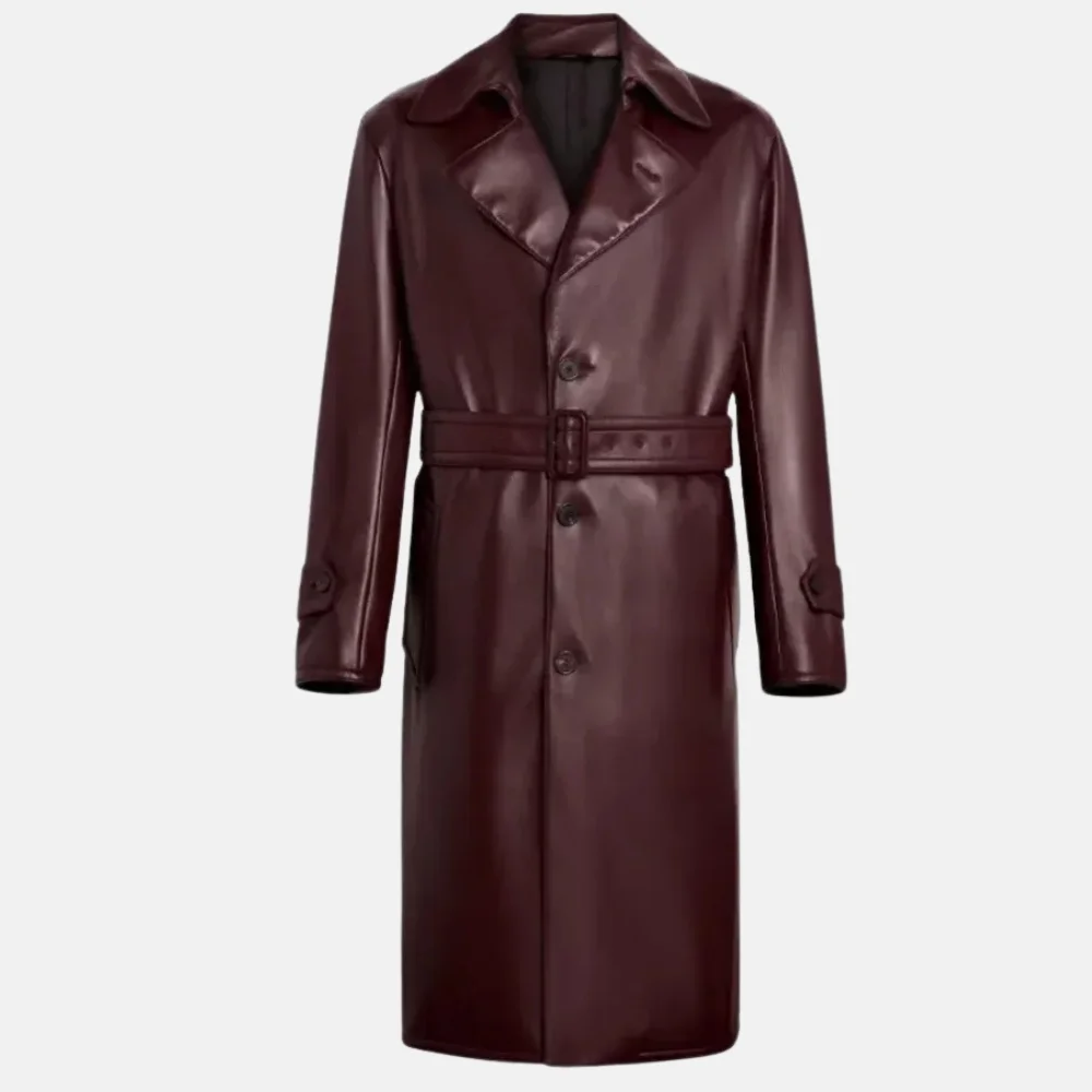 Jude Men’s Burgundy Leather Trench Coat for Fashionable Look - Image 3