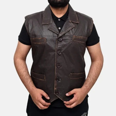 Liam Men’s Dark Brown Vintage Leather Vest with Two Pockets