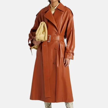 Lila Women’s Tan Leather Trench Coat with Belted Waist for Chic Look