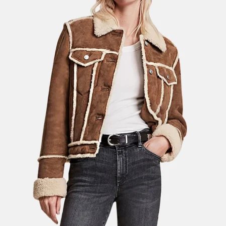 Lily Women’s Tan Shearling Leather Trucker Jacket with Button Detail