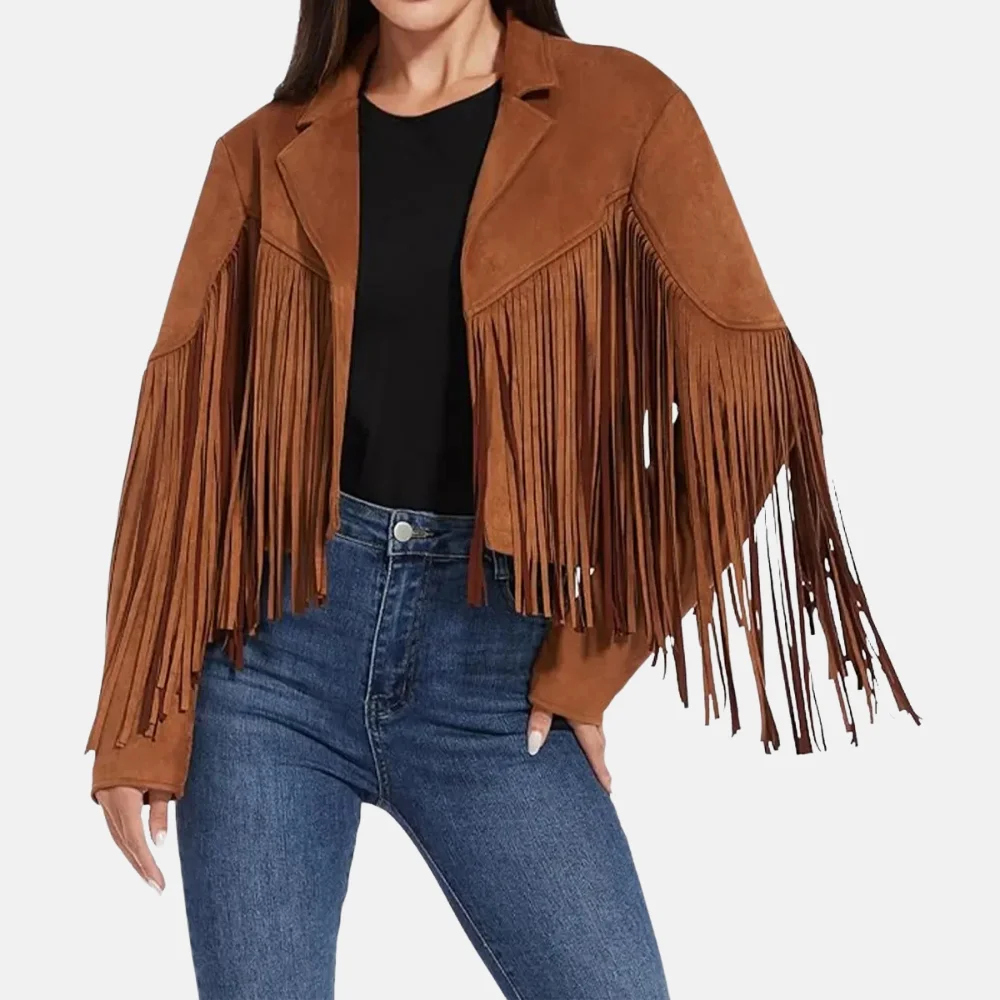 Madison Women’s Brown Western Style Fringed Leather Jacket for Cowgirl Look - Image 4