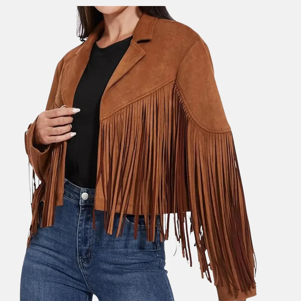 Madison Women’s Brown Western Style Fringed Leather Jacket for Cowgirl Look - Image 3