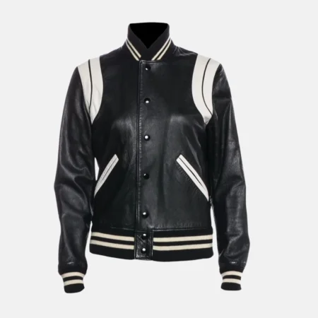 Mason Men’s White and Black Leather Varsity Jacket with Pockets