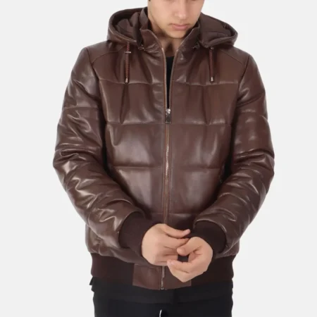 Matthew Men’s Brown Hooded Puffer Leather Jacket for Outdoor Adventures
