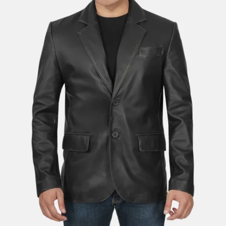 Maverick Men’s Black Leather Blazer with Single-Breasted Design