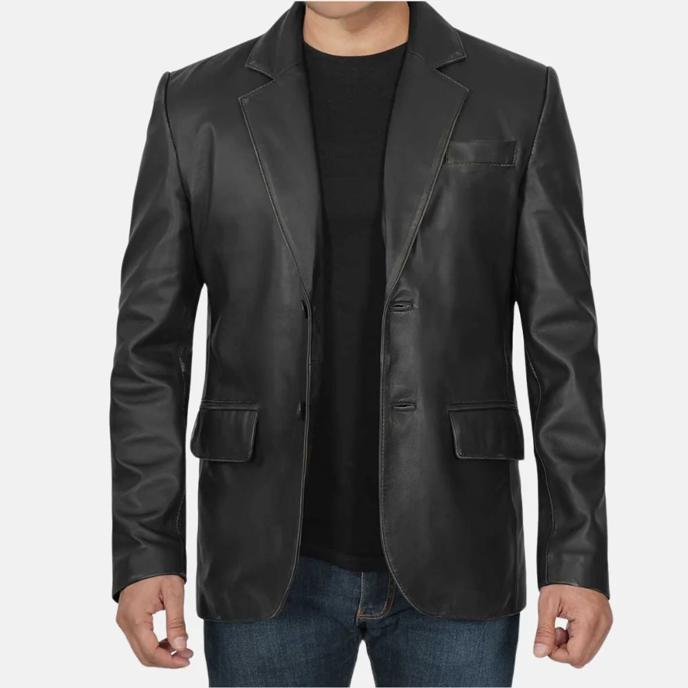 Maverick Men’s Black Leather Blazer with Single-Breasted Design - Image 2