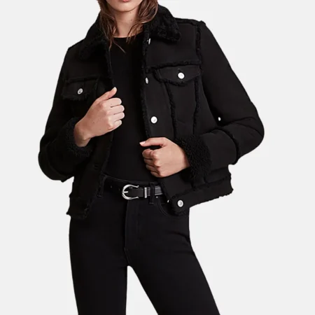 Megan Women’s Black Trucker Shearling Leather Jacket with Fleece Lining