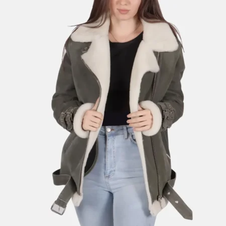 Mia Women’s Grey B-3 Bomber Leather Jacket for Winter Warmth