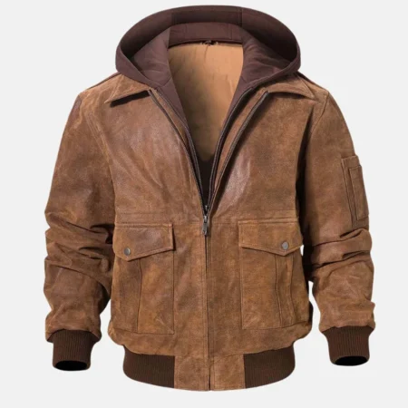 Miles Men’s Brown Bomber Hooded Leather Jacket with Zipper Closure