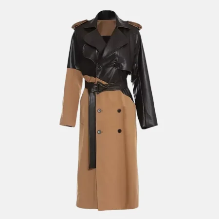 Natalie Women’s Brown Leather Trench Coat with Belt and Button Design