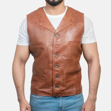 Noah Men’s Brown Vintage Leather Vest with Snap Button Front