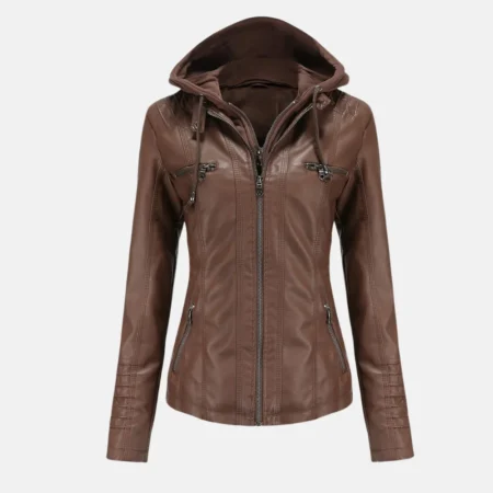 Olivia Women’s Brown Hooded Leather Jacket with Zipper and Pockets