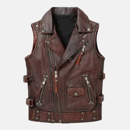Owen Men’s Asymmetrical Zipper Brown Vintage Biker Leather Vest
