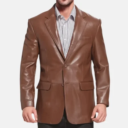 Preston Men’s Classic Brown Leather Blazer with Notch Collar
